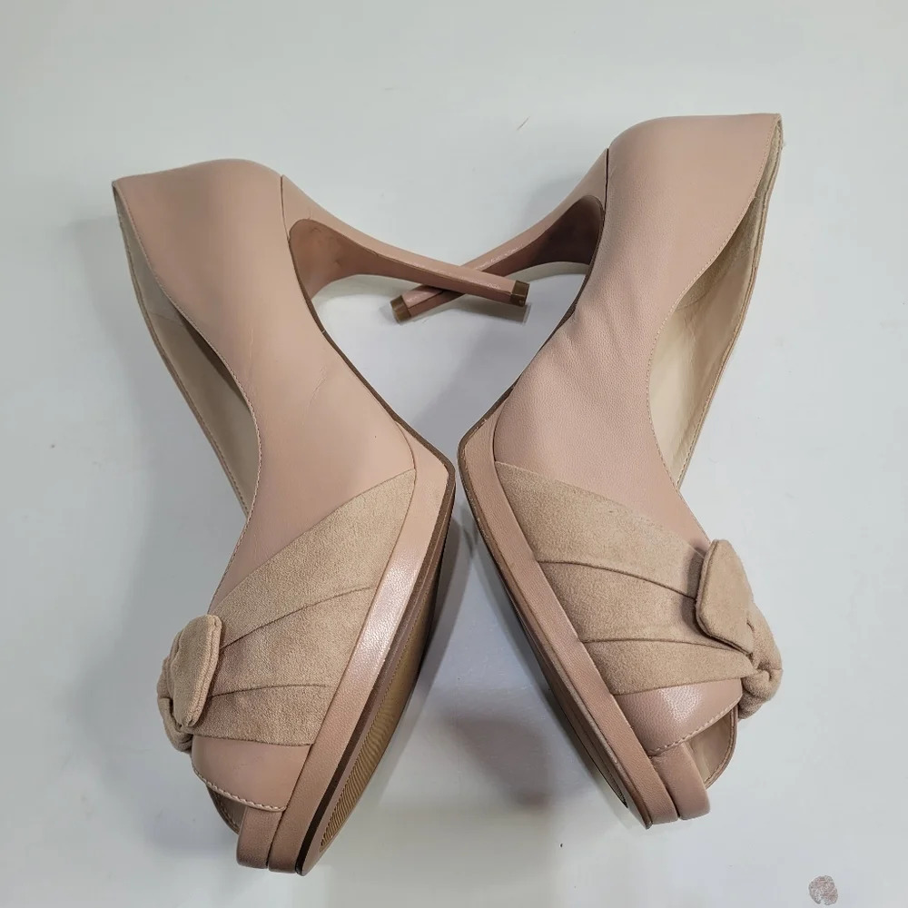 Nine West Fealey Peep Toe Leather Beige Platform Pumps Size Women's 11 with Box - Picture 6 of 16